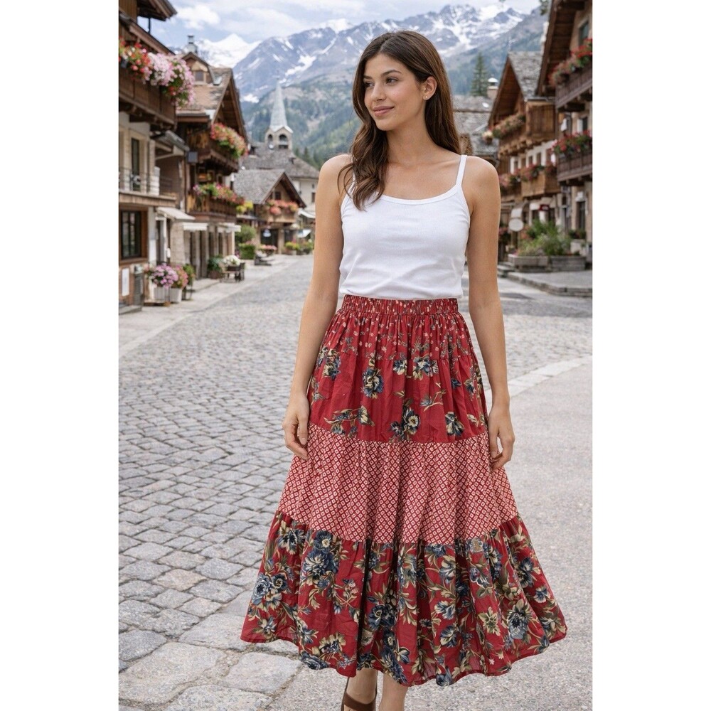 Vintage Patchwork Maxi Skirt Women's Medium Boho Fairy Festival Peasant Tiered